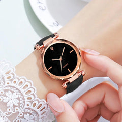 2pcs Luxury Fashion Women Watch Set PU Leather Strap Ladies Quartz Wristwatch Rhinestone RoseGold Alloy Bracelet For Ladies Gift - AKISHOP