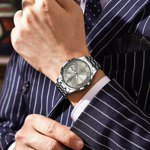 POEDAGAR Luxury Fashion Men Clock Waterproof Luminous Week Date Sports Man Wristwatch Stainless Steel Men's Quartz Watches - AKISHOP