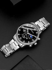 2pcs Fashion Business Calendar Men's Round Roman Scale Steel Band Quartz Watch with Trendy Chain Bracelet Set - AKISHOP