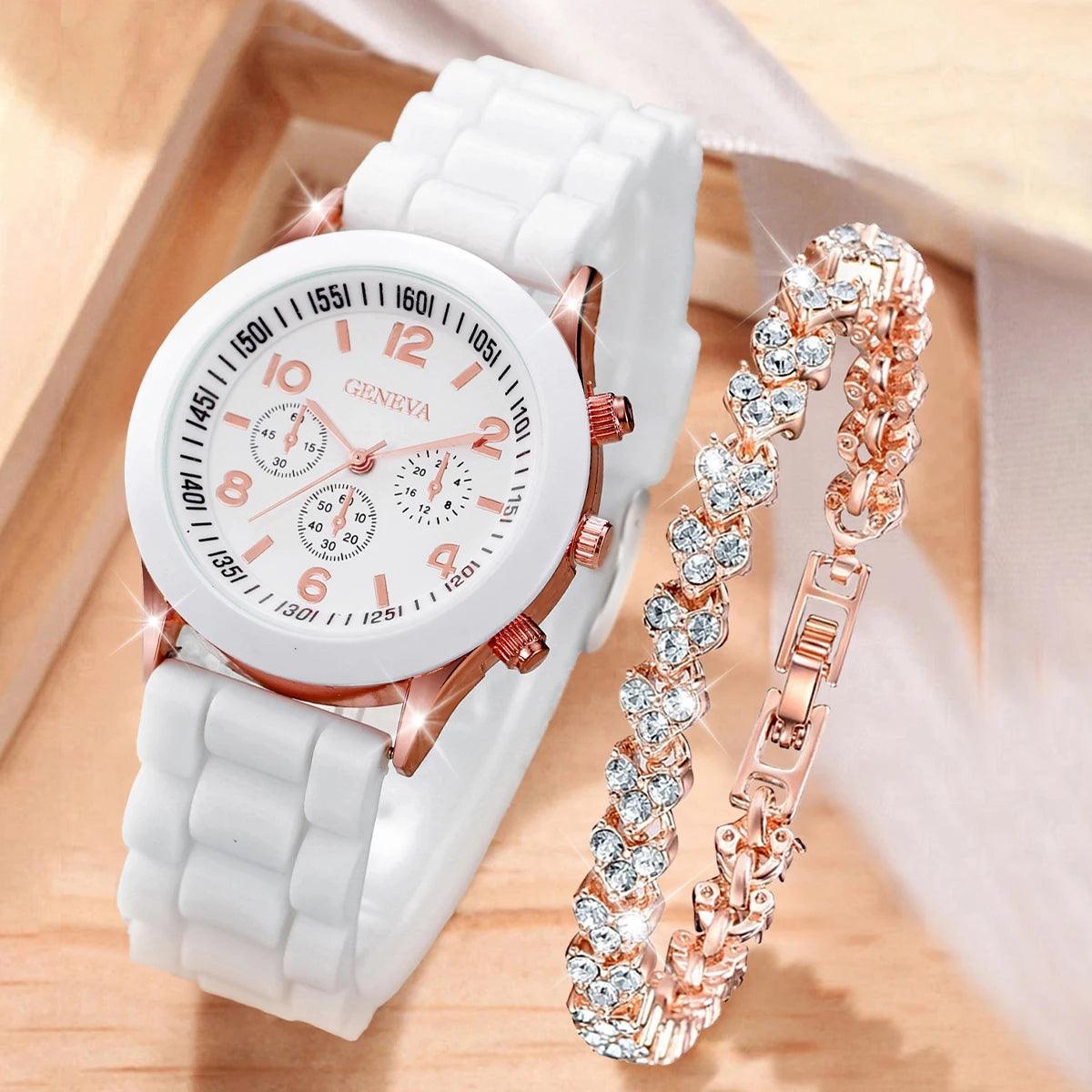 2PCS/Set Fashion Silicone Band Women Watches Rhinestone Heart Bracelet Set - AKISHOP