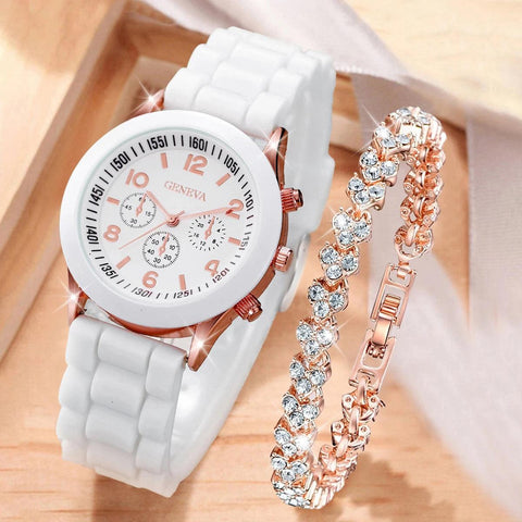 2PCS/Set Fashion Silicone Band Women Watches Rhinestone Heart Bracelet Set - AKISHOP