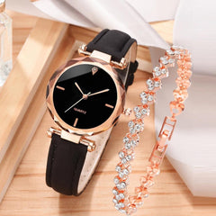 2pcs Luxury Fashion Women Watch Set PU Leather Strap Ladies Quartz Wristwatch Rhinestone RoseGold Alloy Bracelet For Ladies Gift - AKISHOP