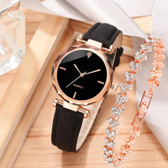 2pcs Luxury Fashion Women Watch Set PU Leather Strap Ladies Quartz Wristwatch Rhinestone RoseGold Alloy Bracelet For Ladies Gift - AKISHOP