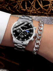 2pcs Fashion Business Calendar Men's Round Roman Scale Steel Band Quartz Watch with Trendy Chain Bracelet Set - AKISHOP