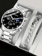 2pcs Fashion Business Calendar Men's Round Roman Scale Steel Band Quartz Watch with Trendy Chain Bracelet Set - AKISHOP