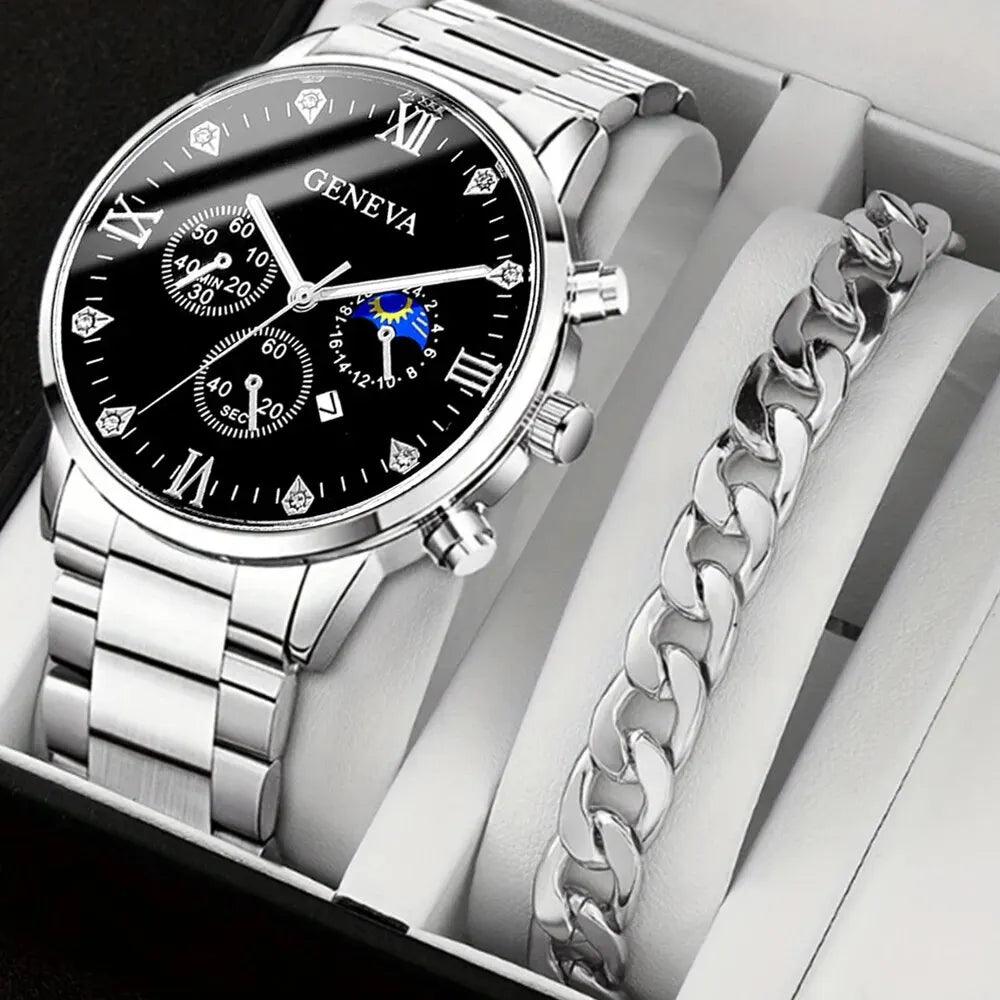 2pcs Fashion Business Calendar Men's Round Roman Scale Steel Band Quartz Watch with Trendy Chain Bracelet Set - AKISHOP