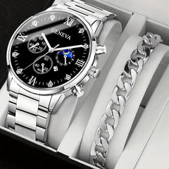 2pcs Fashion Business Calendar Men's Round Roman Scale Steel Band Quartz Watch with Trendy Chain Bracelet Set - AKISHOP