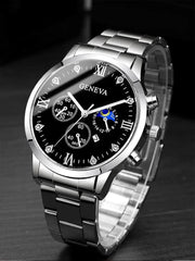 2pcs Fashion Business Calendar Men's Round Roman Scale Steel Band Quartz Watch with Trendy Chain Bracelet Set - AKISHOP